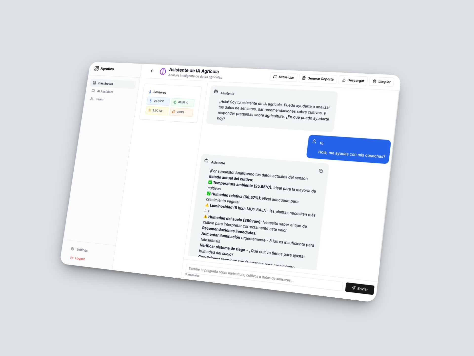 iPad mostrando datos de AgroTico Smart
